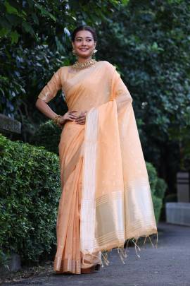 Maheshwari Tissue Silk Weaving Saree in Light Orange