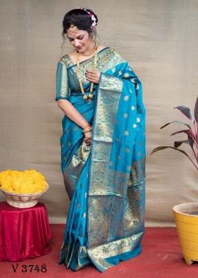 mandakini silk Rich Pallu Lichi Silk Saree In Sky Blue Color By Surati Fabric 