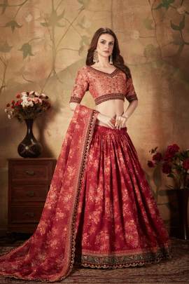 Maroon and Peach Organza Lehenga Choli From Floral Vol 1 by Zeel Clothing