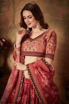 Maroon and Peach Organza Lehenga Choli From Floral Vol 1 by Zeel Clothing