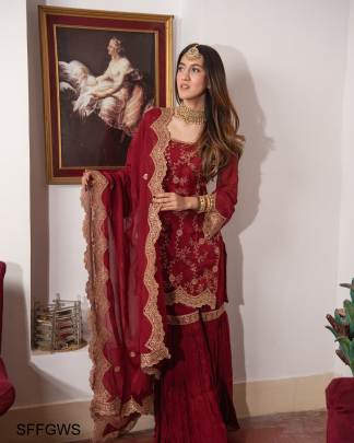 Maroon Fox Georgette Work Siqunce Embroidery