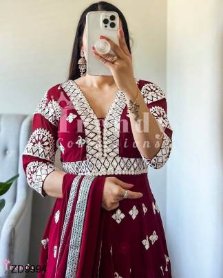 Maroon Selfie Gown With Embroidery Work In Fox Fabric Series ZD9994