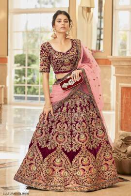 Maroon Velvet Lehenga Choli From Cultural Vol 3 by Zeel Clothing