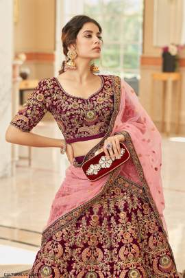 Maroon Velvet Lehenga Choli From Cultural Vol 3 by Zeel Clothing