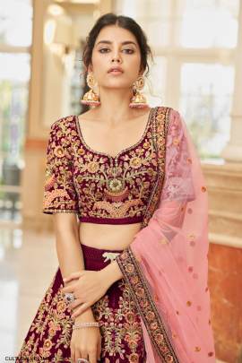 Maroon Velvet Lehenga Choli From Cultural Vol 3 by Zeel Clothing