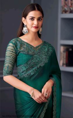 Midas Touch Satin Chiffon Designer Saree in Dark Rama Green