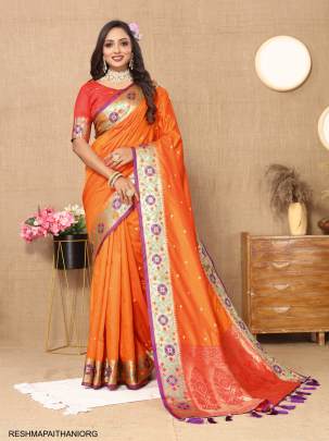 Motifs Design Paithani Silk Saree in Orange