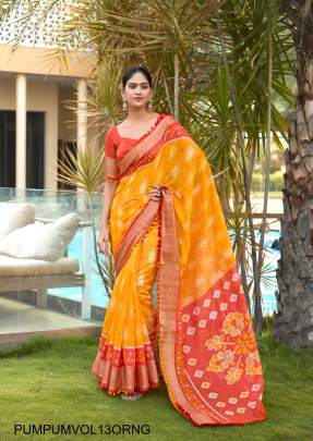 Mul Mul Cotton With Pum Pum Saree in Orange