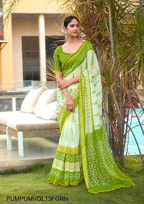 Mul Mul Cotton With Pum Pum Saree in Florescence Green 