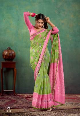 Mul Mul Cotton With Pum Pum Saree in Light Green 