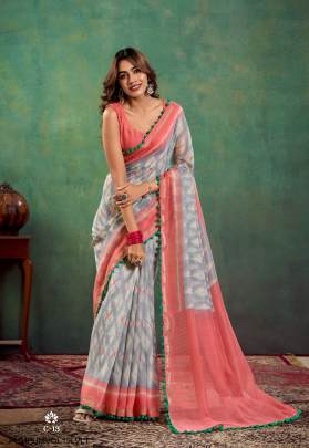 Mul Mul Cotton With Pum Pum Saree in Light Violet