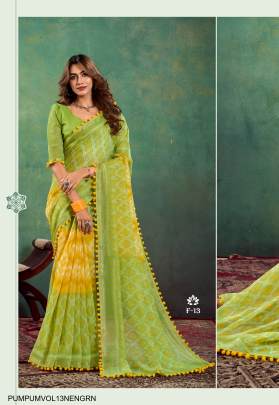 Mul Mul Cotton With Pum Pum Saree in Neon Green