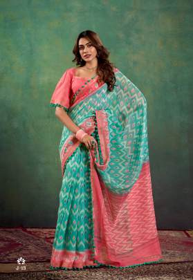 Mul Mul Cotton With Pum Pum Saree in Tifany Blue