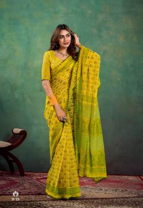 Mul Mul Cotton With Pum Pum Saree in Yellow