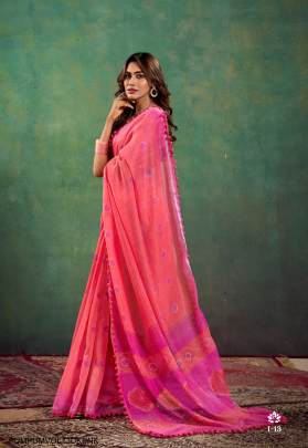 Mul Mul Cotton With Pum Pum Saree in Dark Pink