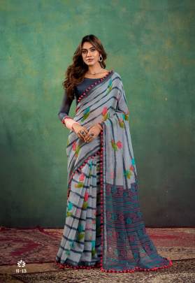 Mul Mul Cotton With Pum Pum Saree in Grey