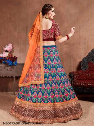 Navy Blue Mulberry Silk Lehenga Choli Neo Traditional Vol 1 by Zeel Clothing