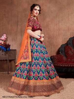 Navy Blue Mulberry Silk Lehenga Choli Neo Traditional Vol 1 by Zeel Clothing