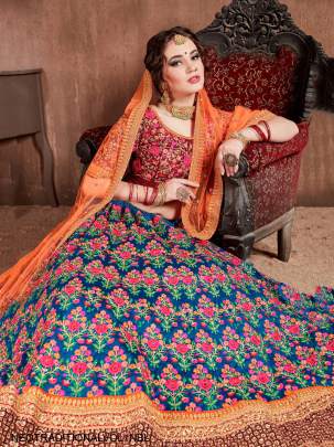 Navy Blue Mulberry Silk Lehenga Choli Neo Traditional Vol 1 by Zeel Clothing