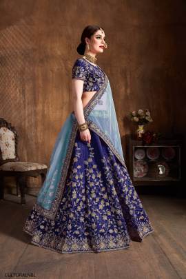 Navy Blue Raw Silk Lehenga Choli From Cultural by Zee Clothing