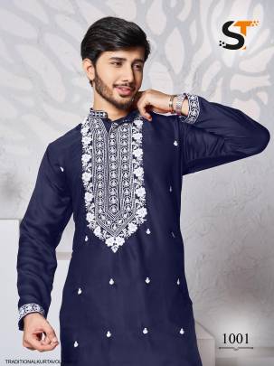 Navy Blue Traditional Work Kurta For Men