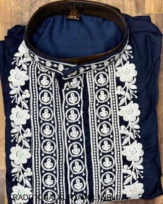 Navy Blue Traditional Work Kurta For Men