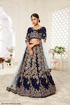 Navy Blue Velvet Diamond Work Lehenga Choli From Neo Traditional Vol 2 by Zeel Clothing