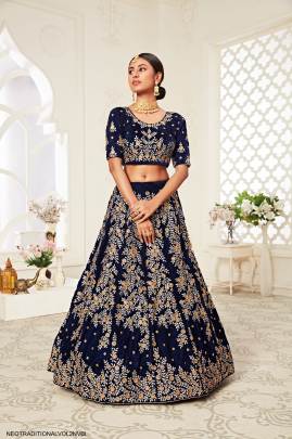 Navy Blue Velvet Diamond Work Lehenga Choli From Neo Traditional Vol 2 by Zeel Clothing