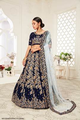 Navy Blue Velvet Diamond Work Lehenga Choli From Neo Traditional Vol 2 by Zeel Clothing