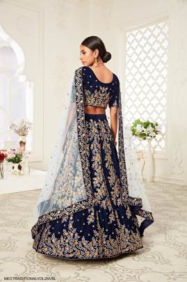 Navy Blue Velvet Diamond Work Lehenga Choli From Neo Traditional Vol 2 by Zeel Clothing