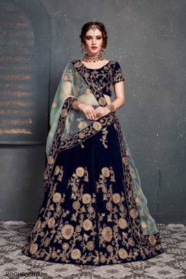 Navy Blue Velvet Lehenga Choli From Roohbab by Zeel Clothing 