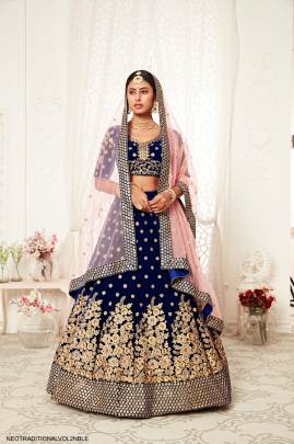 Navy Blue Velvet Lehenga Choli From Neo Traditional Vol 2 by Zeel Clothing