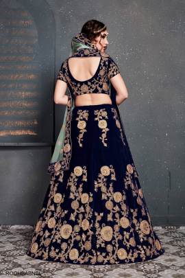 Navy Blue Velvet Lehenga Choli From Roohbab by Zeel Clothing