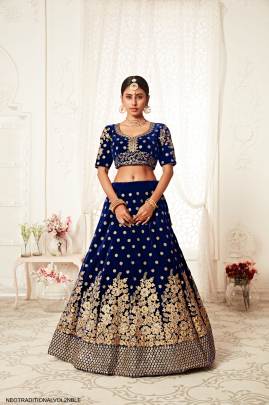 Navy Blue Velvet Lehenga Choli From Neo Traditional Vol 2 by Zeel Clothing