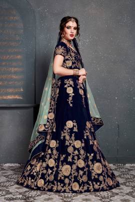 Navy Blue Velvet Lehenga Choli From Roohbab by Zeel Clothing