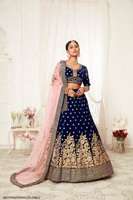 Navy Blue Velvet Lehenga Choli From Neo Traditional Vol 2 by Zeel Clothing