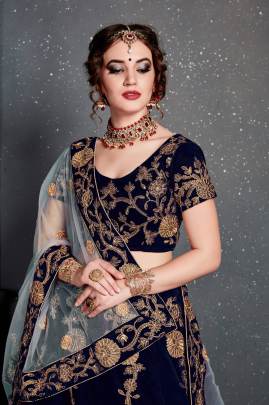 Navy Blue Velvet Lehenga Choli From Roohbab by Zeel Clothing