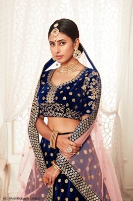 Navy Blue Velvet Lehenga Choli From Neo Traditional Vol 2 by Zeel Clothing