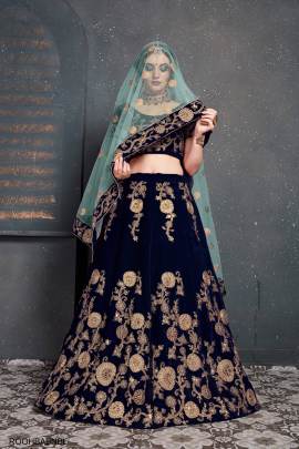 Navy Blue Velvet Lehenga Choli From Roohbab by Zeel Clothing