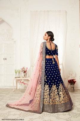 Navy Blue Velvet Lehenga Choli From Neo Traditional Vol 2 by Zeel Clothing