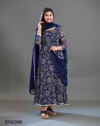 Nevy Blue Butti Fox Georgette With  kolam Mural Print Gown