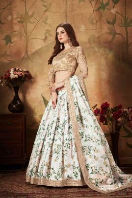 Off White and Beige Organza Lehenga Choli From Floral Vol 1 by Zeel Clothing