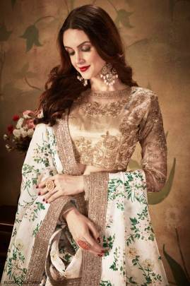 Off White and Beige Organza Lehenga Choli From Floral Vol 1 by Zeel Clothing