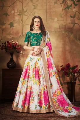 Off White and Green Organza Lehenga Choli From Floral Vol 1 by Zeel Clothing