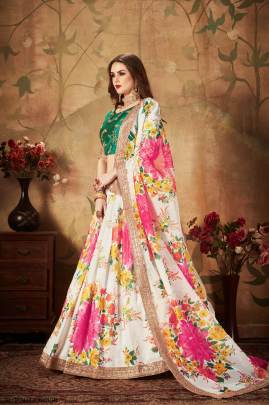 Off White and Green Organza Lehenga Choli From Floral Vol 1 by Zeel Clothing