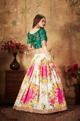 Off White and Green Organza Lehenga Choli From Floral Vol 1 by Zeel Clothing