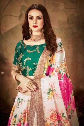 Off White and Green Organza Lehenga Choli From Floral Vol 1 by Zeel Clothing