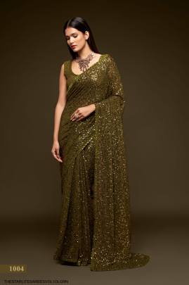 Olive Green Georgette Multiple Sequence Embroidery The Starlite Sarees Vol 1 By Zeel Clothing