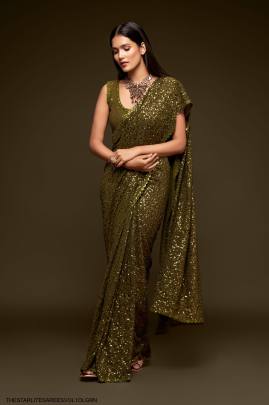 Olive Green Georgette Multiple Sequence Embroidery The Starlite Sarees Vol 1 By Zeel Clothing