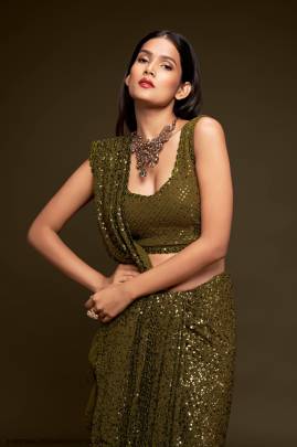 Olive Green Georgette Multiple Sequence Embroidery The Starlite Sarees Vol 1 By Zeel Clothing